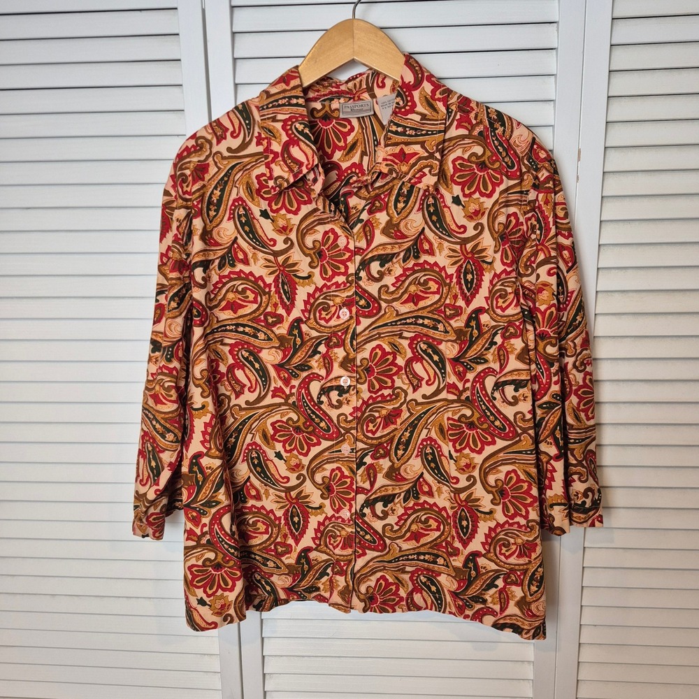 Passports Woman Paisley Button Down Shirt 3/4 Sleeve Blouse Top 1X 100% Cotton‎